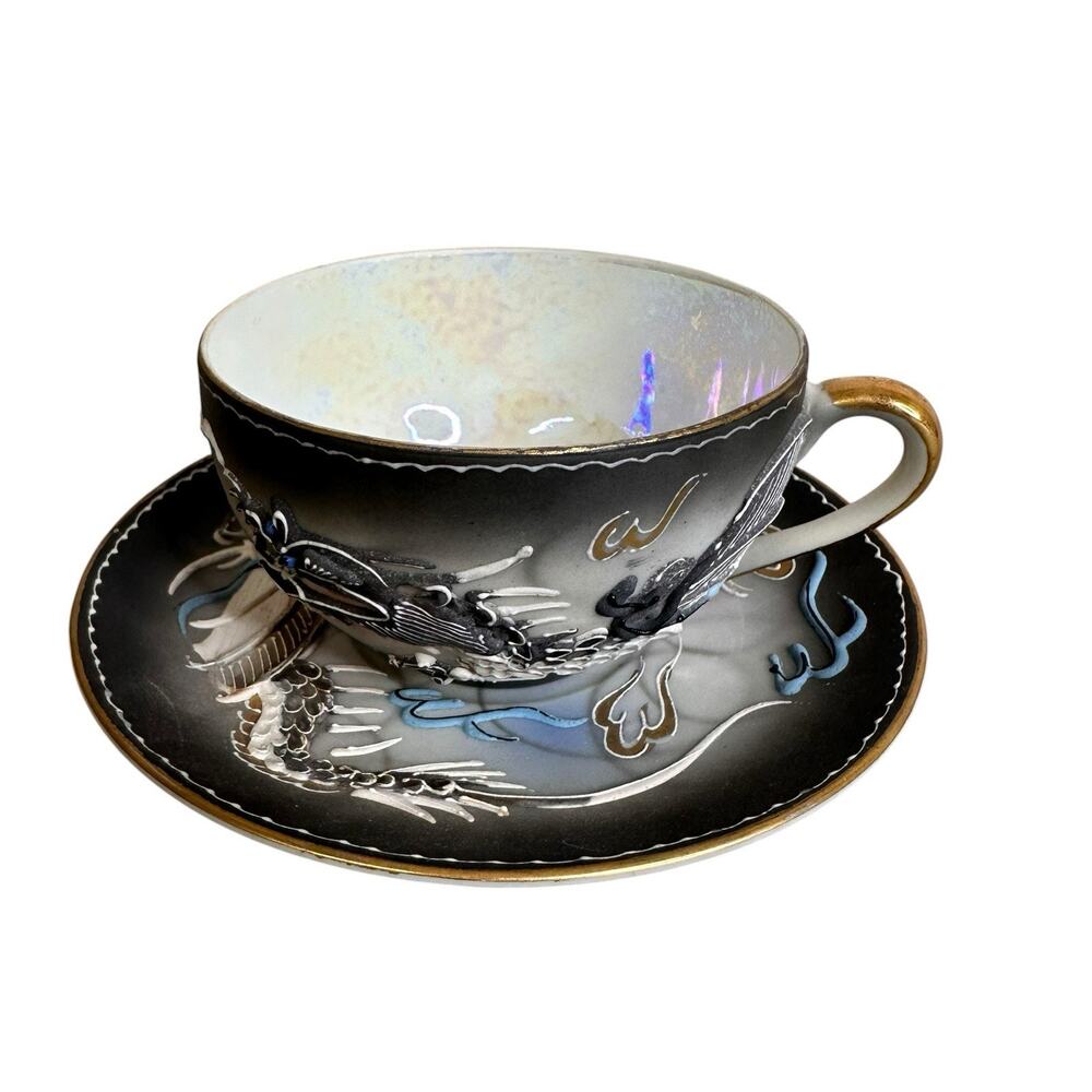 Japanese Moriage Dragonware Lithophane Demitasse Tea Cup Saucer With Geisha 3D